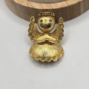 L. Razza Vintage Angel Pin Brooch Brushed Gold Rhinestone Christmas Signed